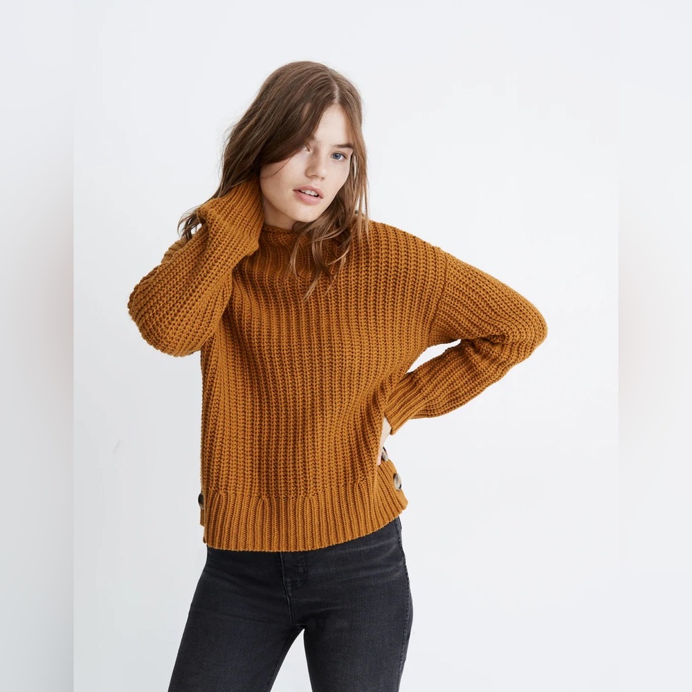 Madewell EUC Mockneck Knit Side-Button Pullover Sweater Size XS Wool Blend Brown